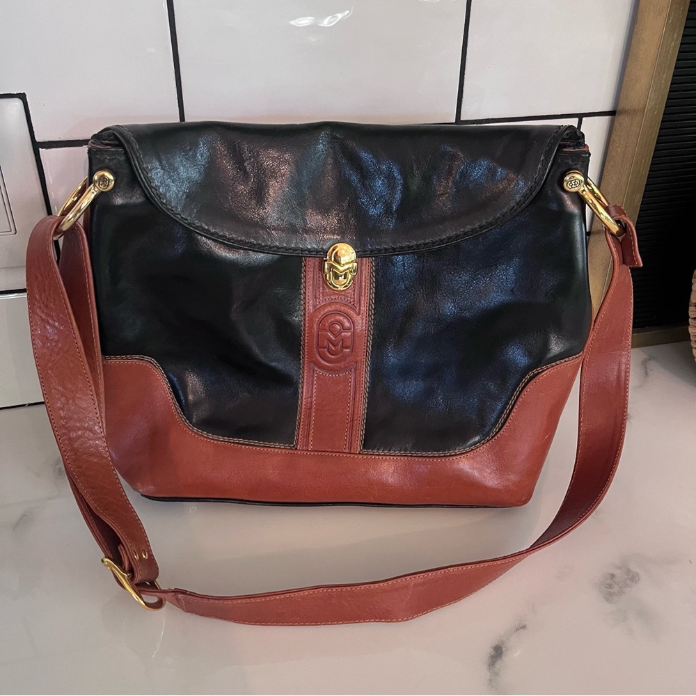 Vintage Marino Orlandi Black/Brown Genuine Leather 2 Tone Sling Purse